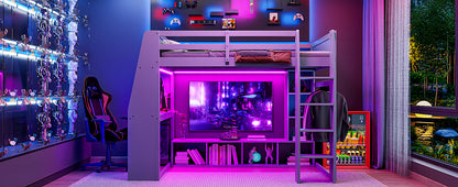 Wood Full Size Gaming Loft Bed with Desk, Multi-storage Shelves, LED and a Hanging Clothes Rack, Gray