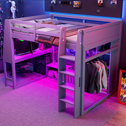Wood Full Size Gaming Loft Bed with Desk, Multi-storage Shelves, LED and a Hanging Clothes Rack, Gray