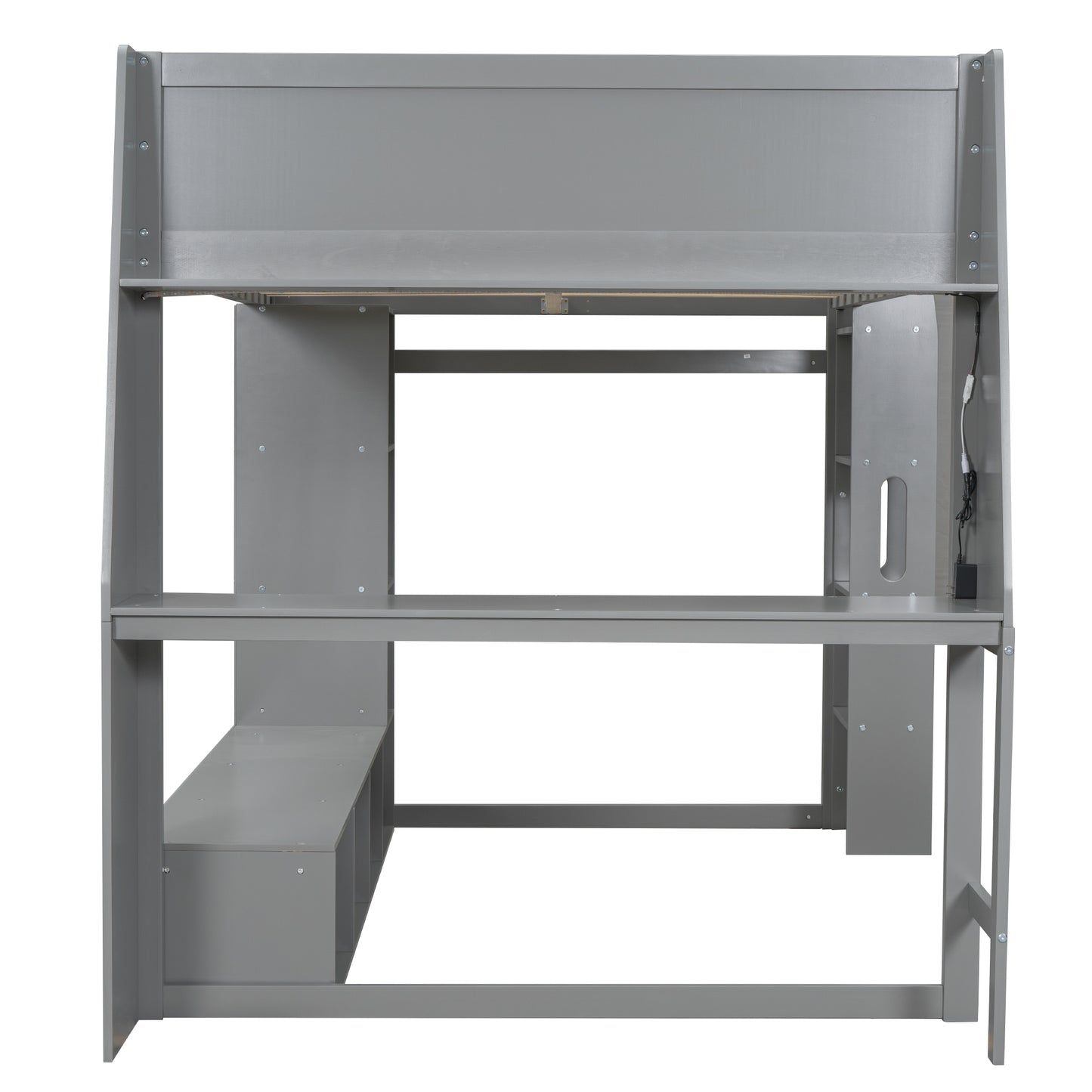 Wood Full Size Gaming Loft Bed with Desk, Multi-storage Shelves, LED and a Hanging Clothes Rack, Gray
