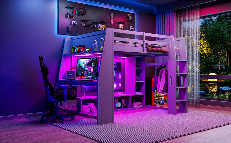 Wood Full Size Gaming Loft Bed with Desk, Multi-storage Shelves, LED and a Hanging Clothes Rack, Gray