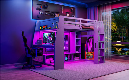 Wood Full Size Gaming Loft Bed with Desk, Multi-storage Shelves, LED and a Hanging Clothes Rack, Gray