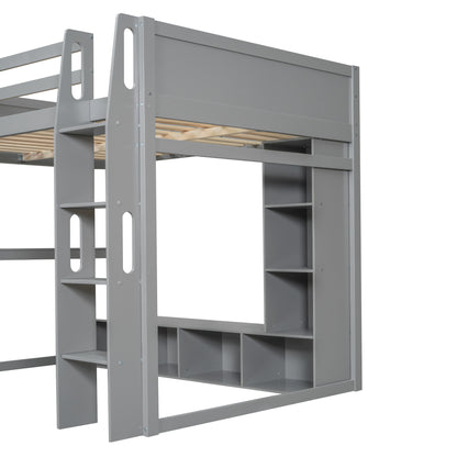 Wood Full Size Gaming Loft Bed with Desk, Multi-storage Shelves, LED and a Hanging Clothes Rack, Gray