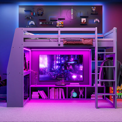 Wood Full Size Gaming Loft Bed with Desk, Multi-storage Shelves, LED and a Hanging Clothes Rack, Gray