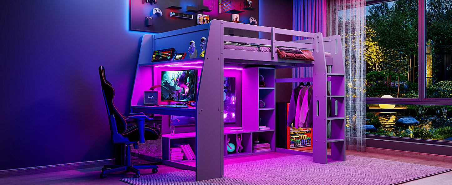 Wood Full Size Gaming Loft Bed with Desk, Multi-storage Shelves, LED and a Hanging Clothes Rack, Gray