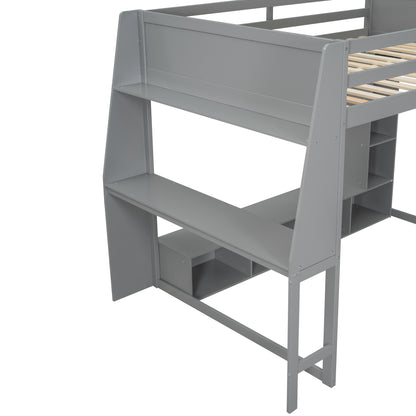 Wood Full Size Gaming Loft Bed with Desk, Multi-storage Shelves, LED and a Hanging Clothes Rack, Gray