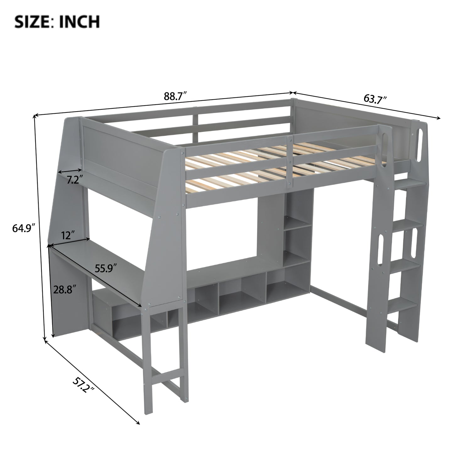 Wood Full Size Gaming Loft Bed with Desk, Multi-storage Shelves, LED and a Hanging Clothes Rack, Gray