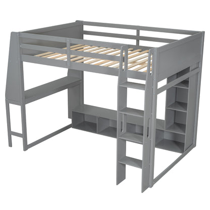 Wood Full Size Gaming Loft Bed with Desk, Multi-storage Shelves, LED and a Hanging Clothes Rack, Gray