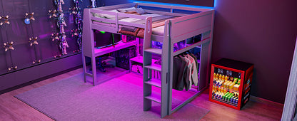 Wood Full Size Gaming Loft Bed with Desk, Multi-storage Shelves, LED and a Hanging Clothes Rack, Gray