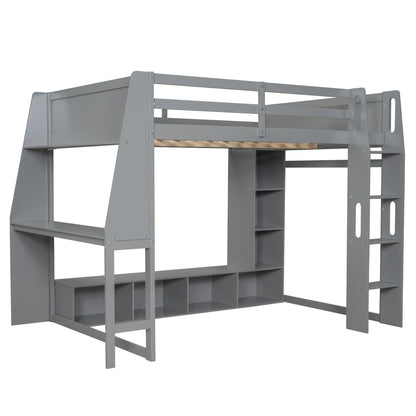 Wood Full Size Gaming Loft Bed with Desk, Multi-storage Shelves, LED and a Hanging Clothes Rack, Gray