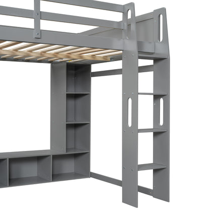 Wood Full Size Gaming Loft Bed with Desk, Multi-storage Shelves, LED and a Hanging Clothes Rack, Gray