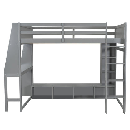 Wood Full Size Gaming Loft Bed with Desk, Multi-storage Shelves, LED and a Hanging Clothes Rack, Gray