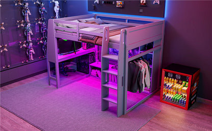 Wood Full Size Gaming Loft Bed with Desk, Multi-storage Shelves, LED and a Hanging Clothes Rack, Gray