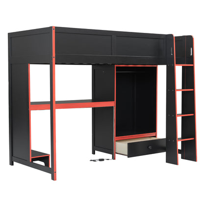Wood Twin Size Gaming Loft Bed with Built-in Desk, Wardrobe, LED and a Drawer, Black