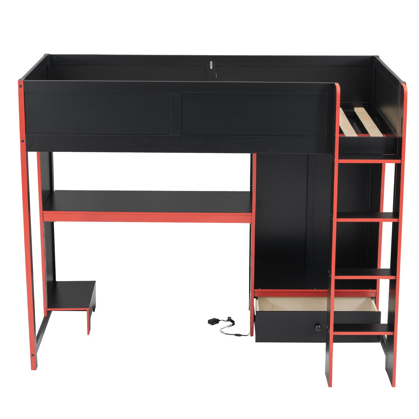 Wood Twin Size Gaming Loft Bed with Built-in Desk, Wardrobe, LED and a Drawer, Black