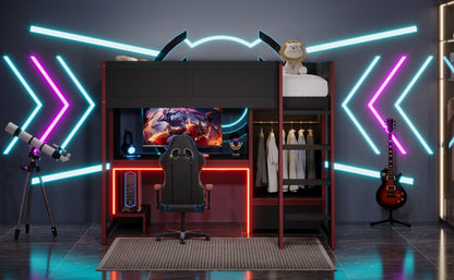 Wood Twin Size Gaming Loft Bed with Built-in Desk, Wardrobe, LED and a Drawer, Black