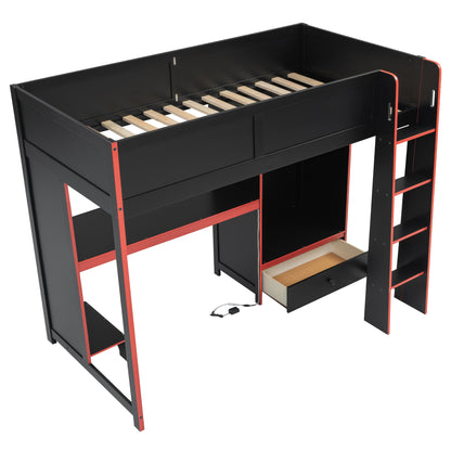 Wood Twin Size Gaming Loft Bed with Built-in Desk, Wardrobe, LED and a Drawer, Black