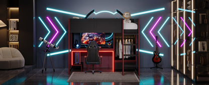 Wood Twin Size Gaming Loft Bed with Built-in Desk, Wardrobe, LED and a Drawer, Black