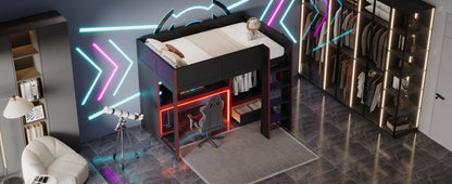 Wood Twin Size Gaming Loft Bed with Built-in Desk, Wardrobe, LED and a Drawer, Black
