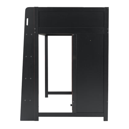 Wood Twin Size Gaming Loft Bed with Built-in Desk, Wardrobe, LED and a Drawer, Black