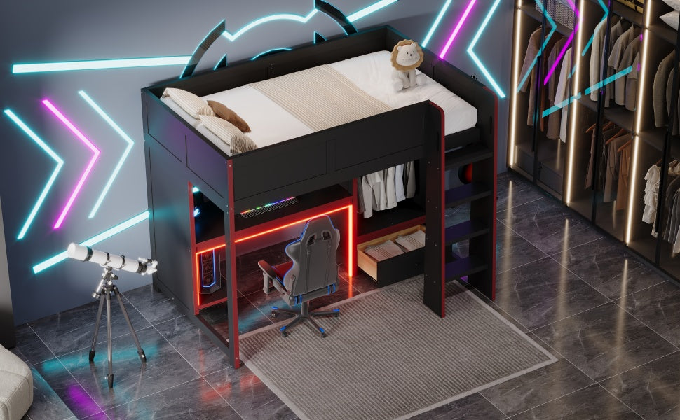 Wood Twin Size Gaming Loft Bed with Built-in Desk, Wardrobe, LED and a Drawer, Black