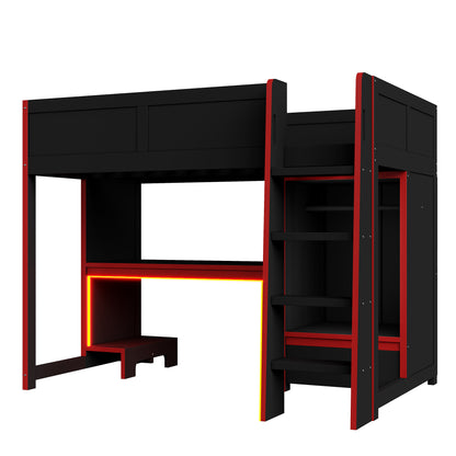 Wood Twin Size Gaming Loft Bed with Built-in Desk, Wardrobe, LED and a Drawer, Black