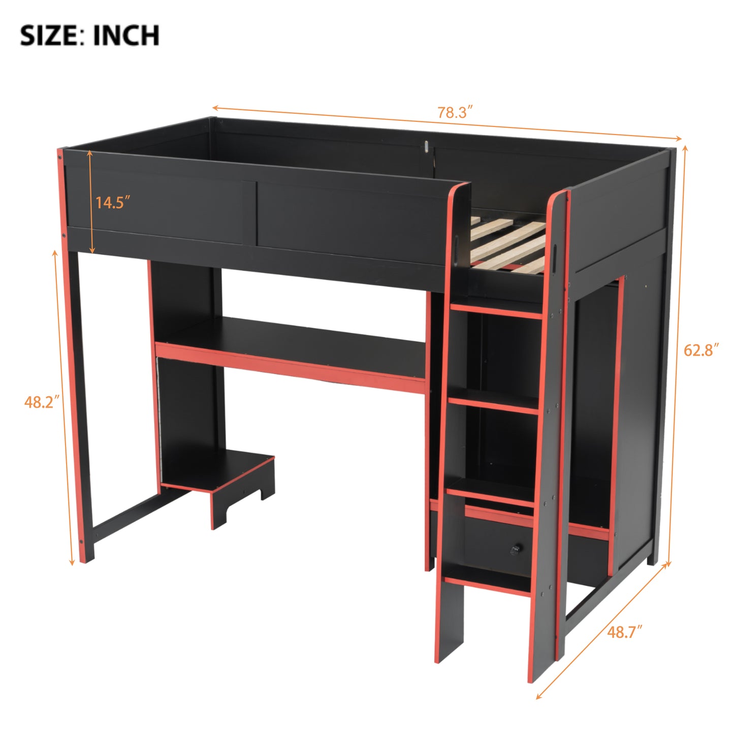 Wood Twin Size Gaming Loft Bed with Built-in Desk, Wardrobe, LED and a Drawer, Black