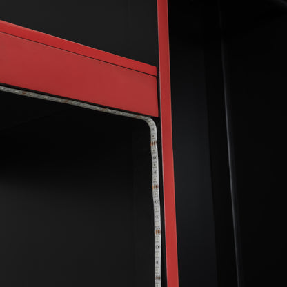 Wood Twin Size Gaming Loft Bed with Built-in Desk, Wardrobe, LED and a Drawer, Black