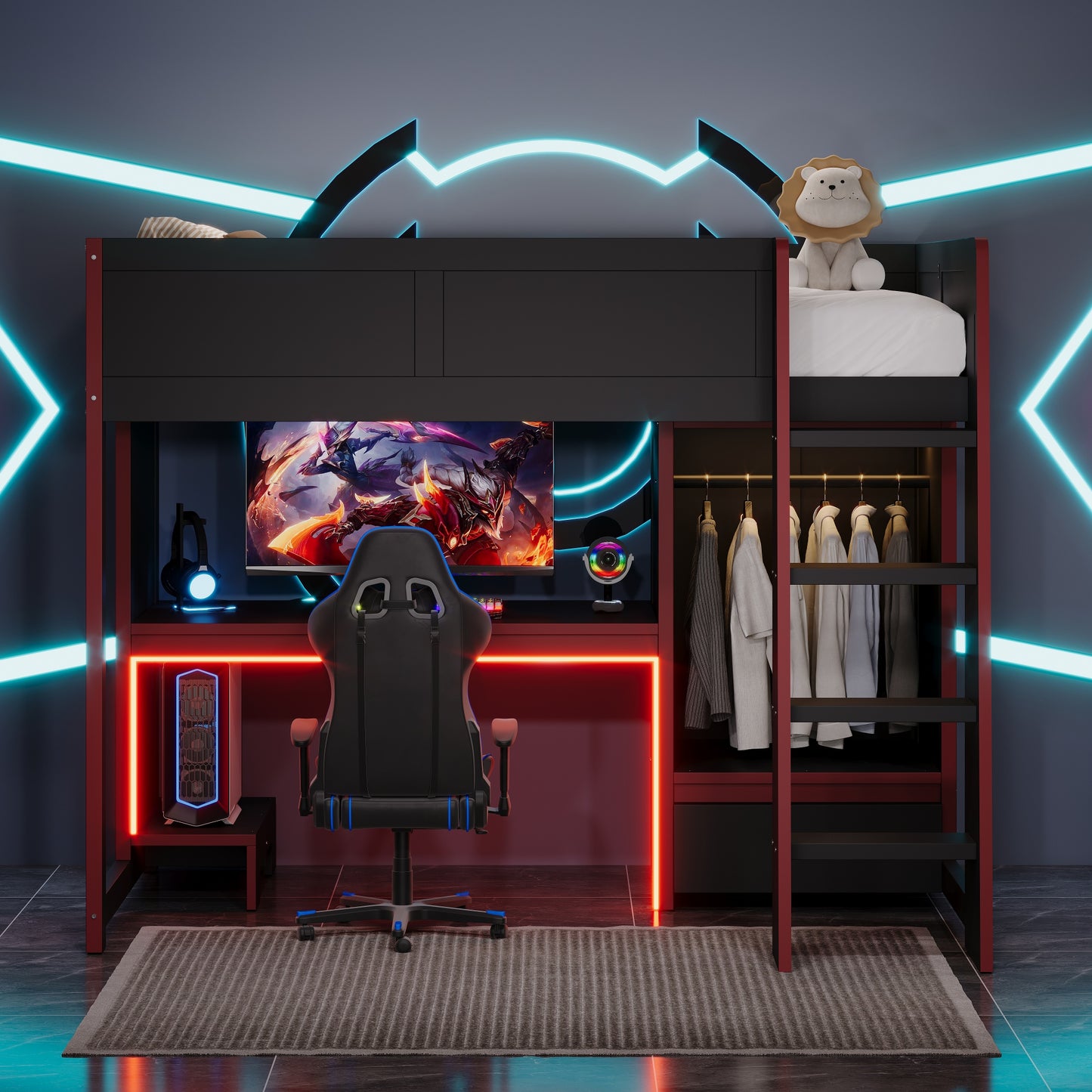 Wood Twin Size Gaming Loft Bed with Built-in Desk, Wardrobe, LED and a Drawer, Black