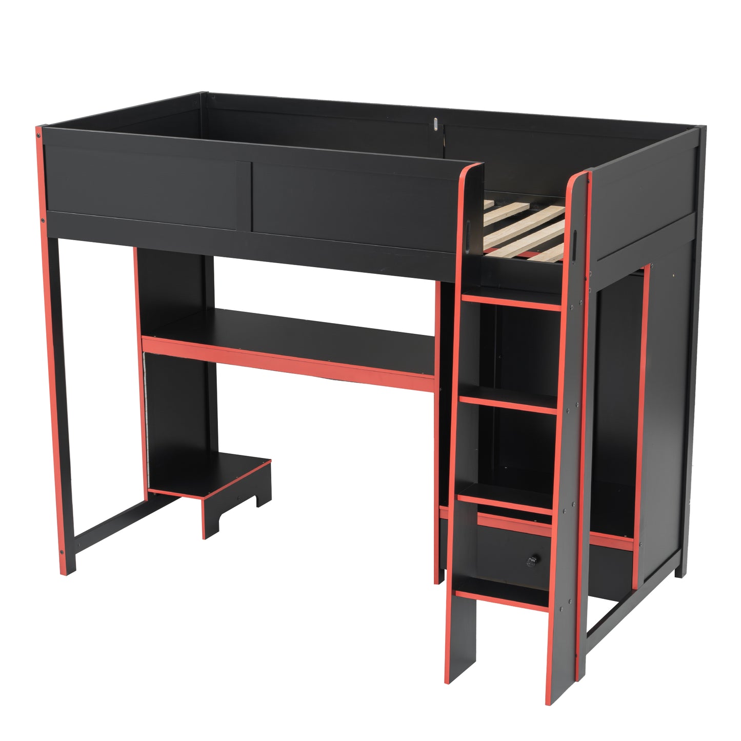 Wood Twin Size Gaming Loft Bed with Built-in Desk, Wardrobe, LED and a Drawer, Black
