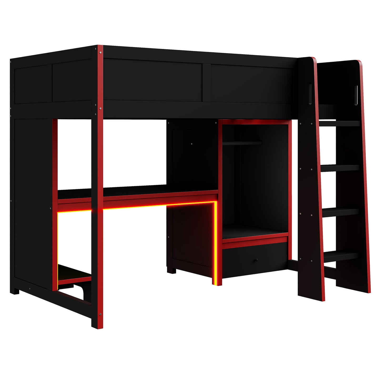 Wood Twin Size Gaming Loft Bed with Built-in Desk, Wardrobe, LED and a Drawer, Black