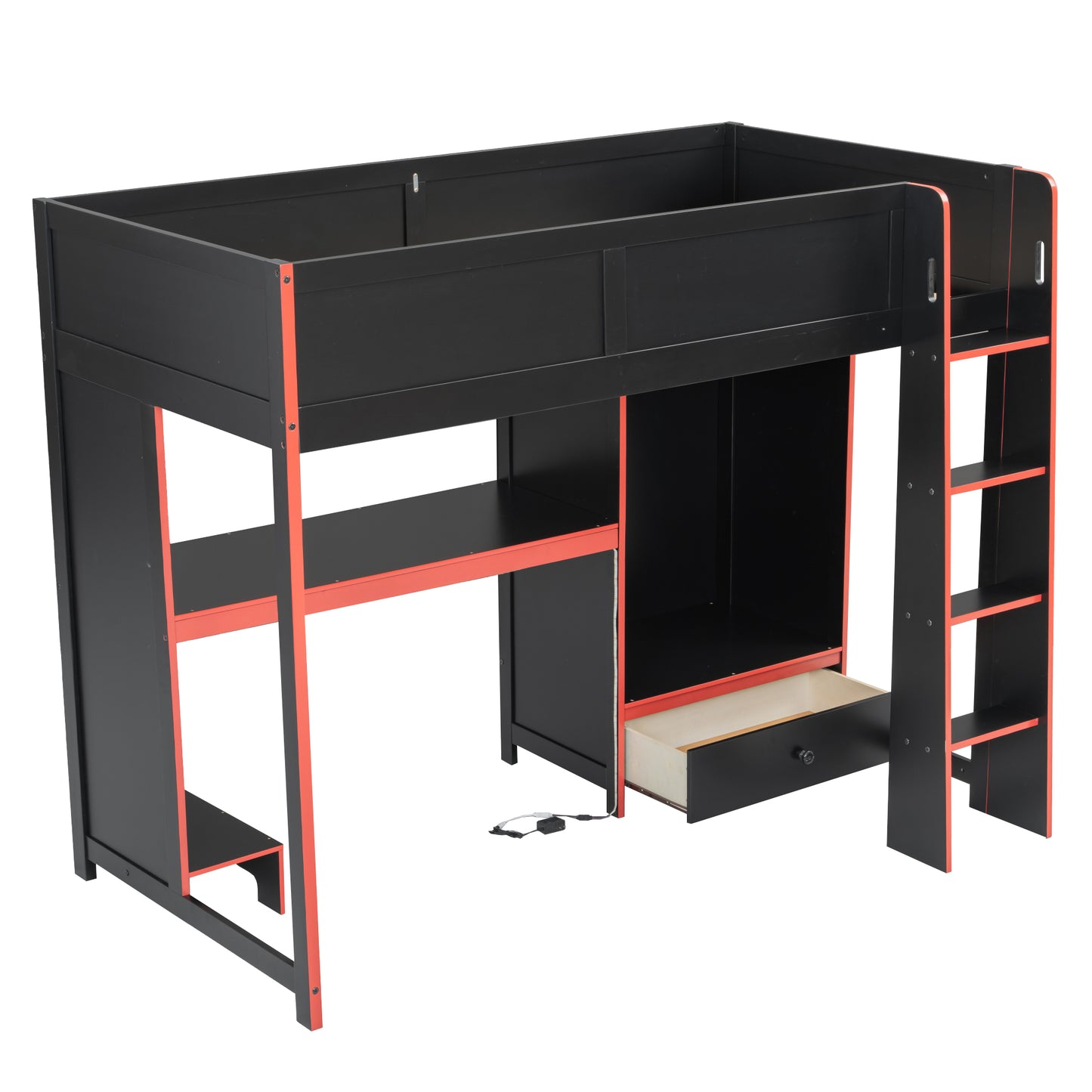 Wood Twin Size Gaming Loft Bed with Built-in Desk, Wardrobe, LED and a Drawer, Black