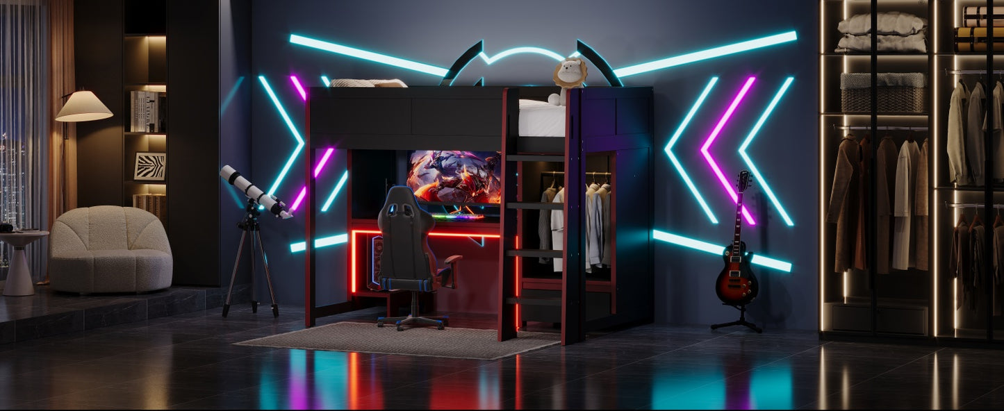 Wood Twin Size Gaming Loft Bed with Built-in Desk, Wardrobe, LED and a Drawer, Black