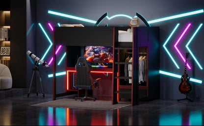 Wood Twin Size Gaming Loft Bed with Built-in Desk, Wardrobe, LED and a Drawer, Black