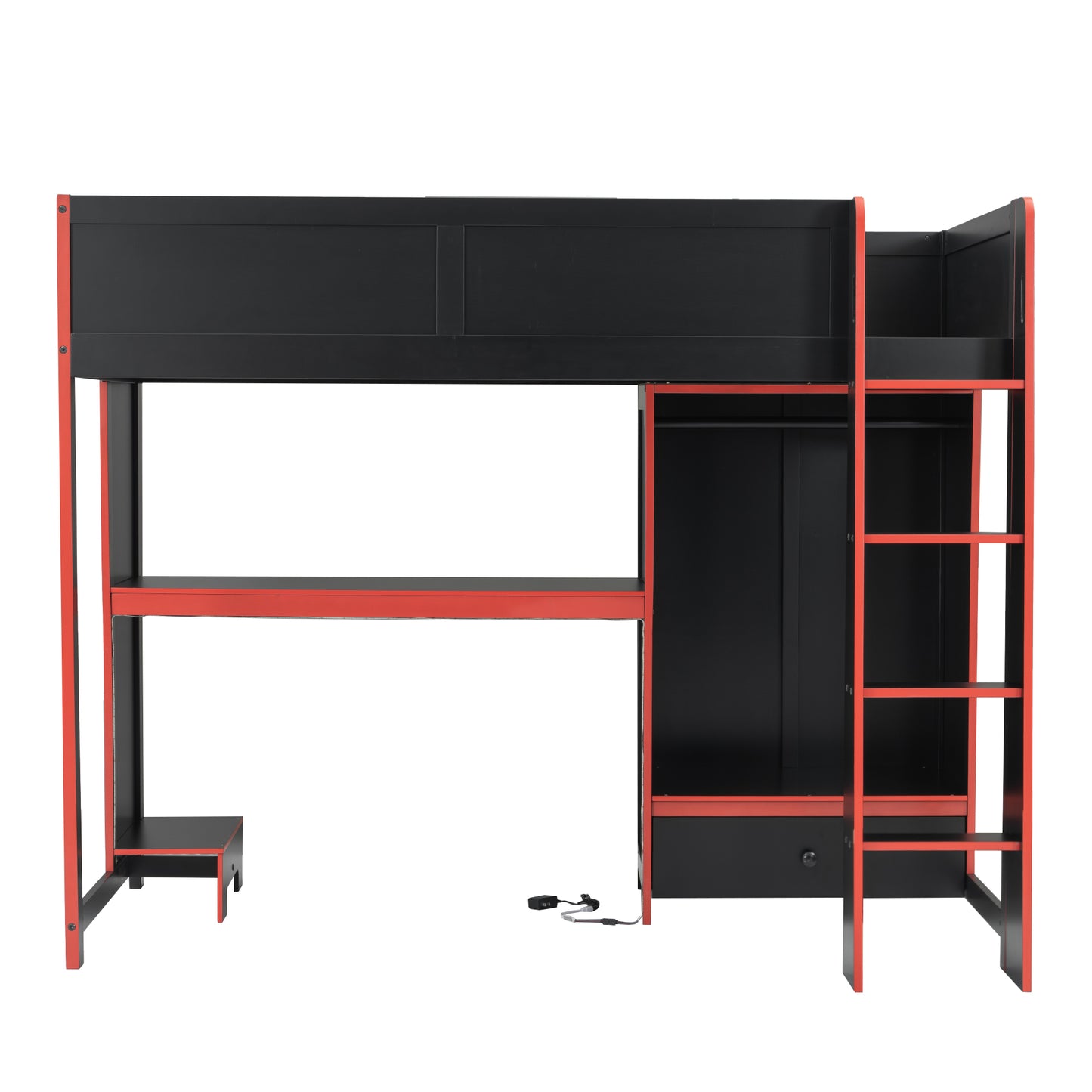 Wood Twin Size Gaming Loft Bed with Built-in Desk, Wardrobe, LED and a Drawer, Black