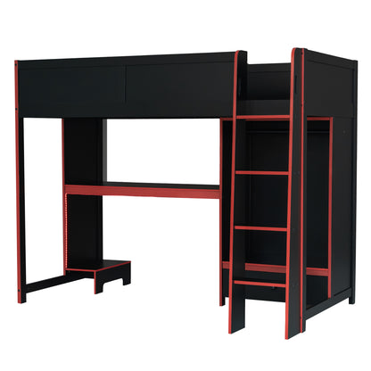 Wood Twin Size Gaming Loft Bed with Built-in Desk, Wardrobe, LED and a Drawer, Black