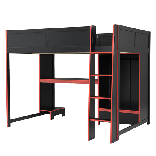 Wood Full Size Gaming Loft Bed with Built-in Desk, Wardrobe, LED and a Drawer, Black