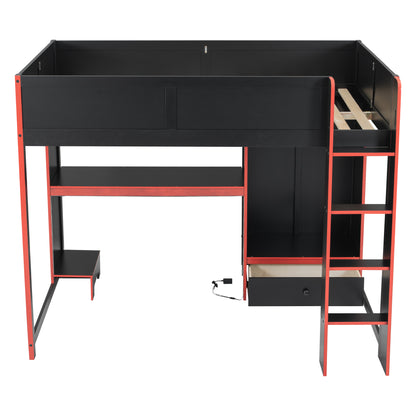 Wood Full Size Gaming Loft Bed with Built-in Desk, Wardrobe, LED and a Drawer, Black