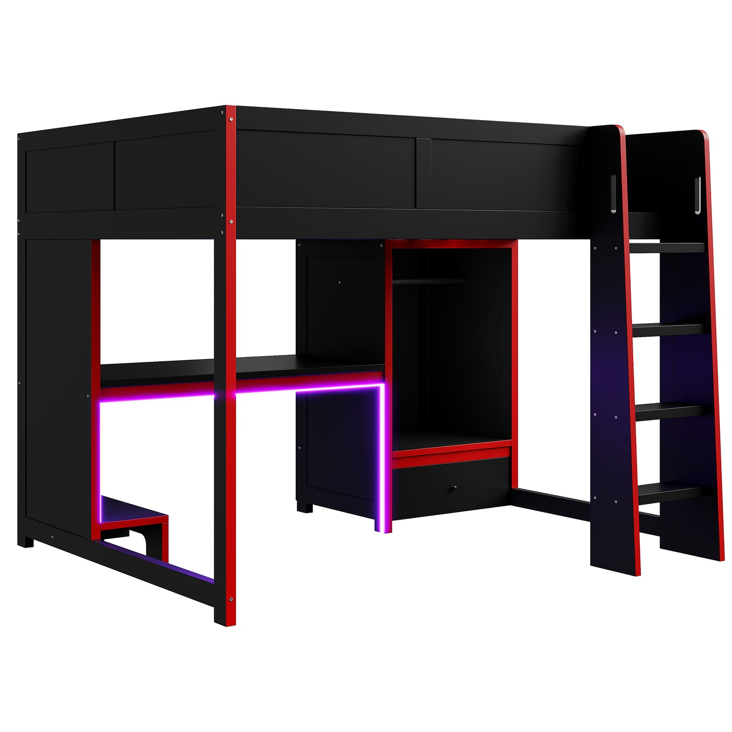 Wood Full Size Gaming Loft Bed with Built-in Desk, Wardrobe, LED and a Drawer, Black