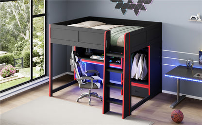 Wood Full Size Gaming Loft Bed with Built-in Desk, Wardrobe, LED and a Drawer, Black