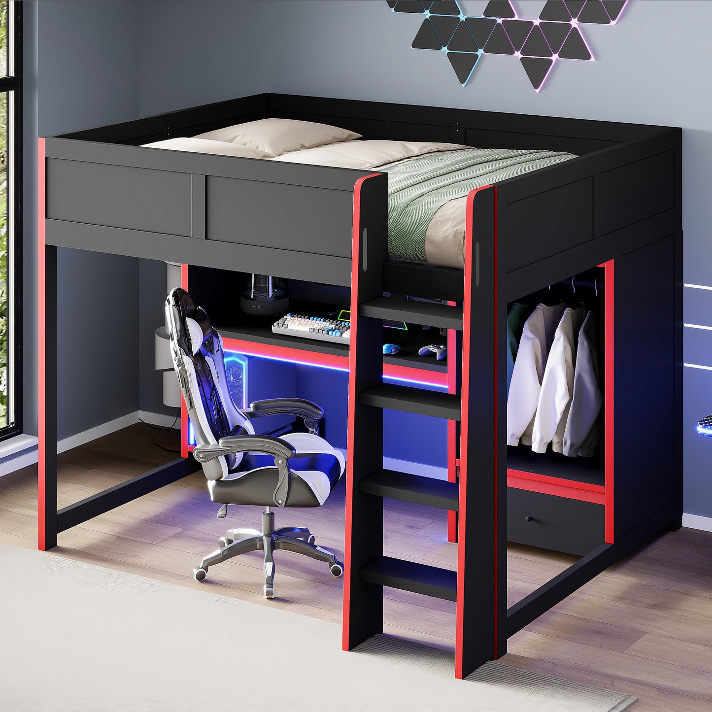 Wood Full Size Gaming Loft Bed with Built-in Desk, Wardrobe, LED and a Drawer, Black