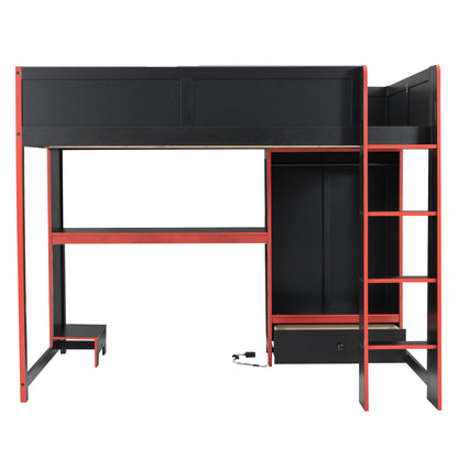 Wood Full Size Gaming Loft Bed with Built-in Desk, Wardrobe, LED and a Drawer, Black