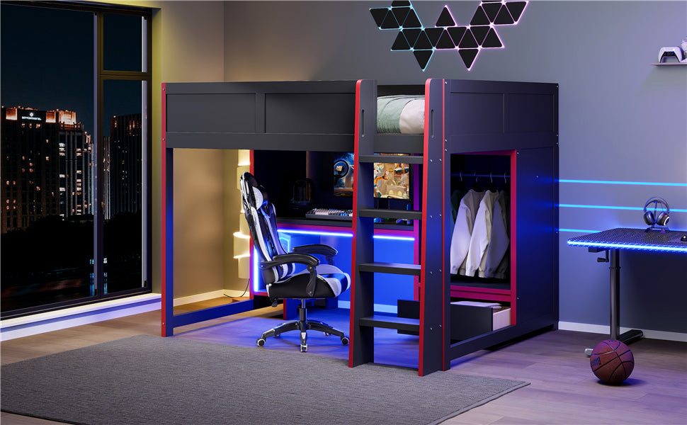 Wood Full Size Gaming Loft Bed with Built-in Desk, Wardrobe, LED and a Drawer, Black