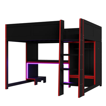 Wood Full Size Gaming Loft Bed with Built-in Desk, Wardrobe, LED and a Drawer, Black