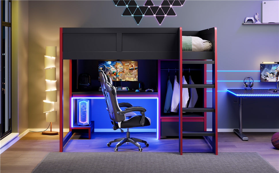 Wood Full Size Gaming Loft Bed with Built-in Desk, Wardrobe, LED and a Drawer, Black