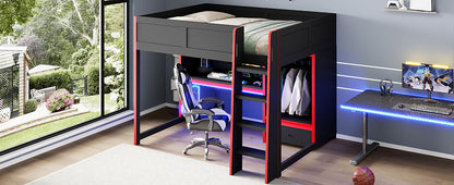 Wood Full Size Gaming Loft Bed with Built-in Desk, Wardrobe, LED and a Drawer, Black