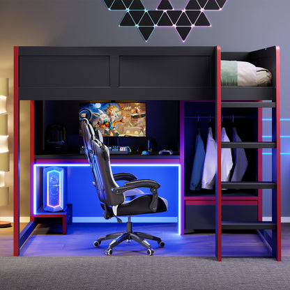 Wood Full Size Gaming Loft Bed with Built-in Desk, Wardrobe, LED and a Drawer, Black