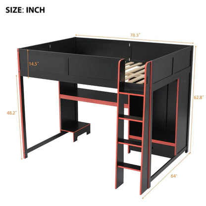 Wood Full Size Gaming Loft Bed with Built-in Desk, Wardrobe, LED and a Drawer, Black