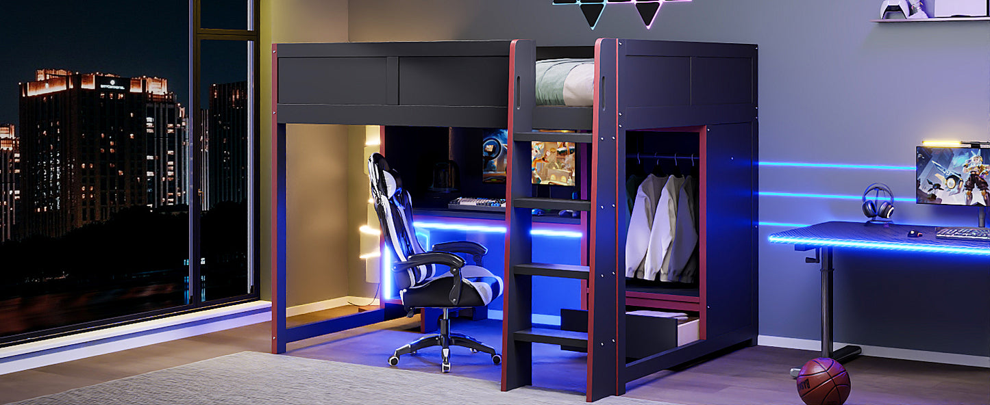 Wood Full Size Gaming Loft Bed with Built-in Desk, Wardrobe, LED and a Drawer, Black