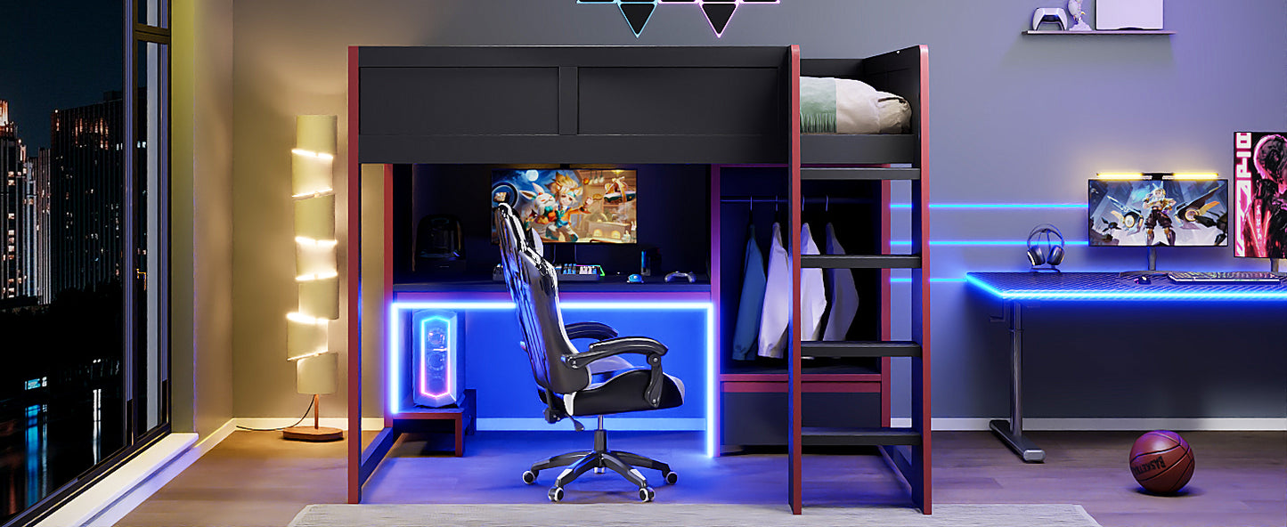 Wood Full Size Gaming Loft Bed with Built-in Desk, Wardrobe, LED and a Drawer, Black