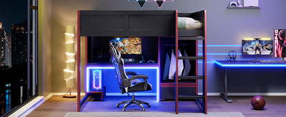 Wood Full Size Gaming Loft Bed with Built-in Desk, Wardrobe, LED and a Drawer, Black